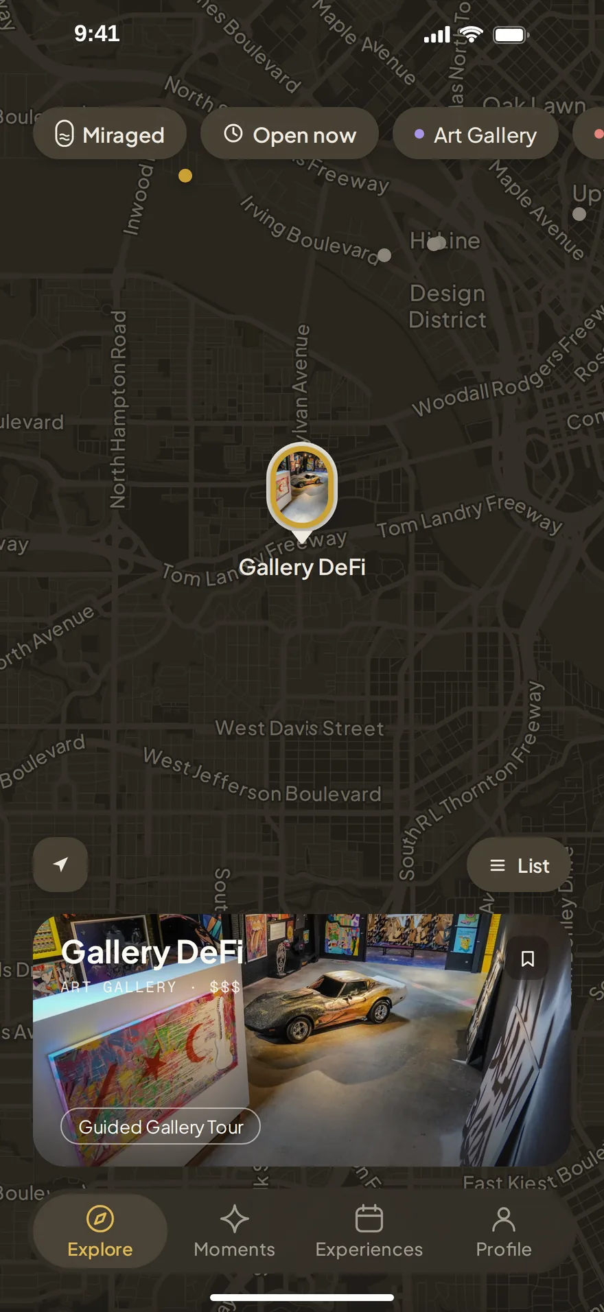 The Explore map at night with the gold oval of Gallery DeFi selected