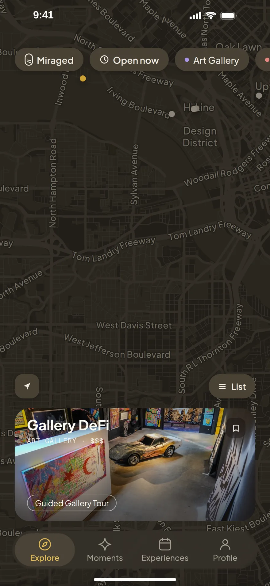 The Explore map at night with the gold oval of Gallery DeFi selected