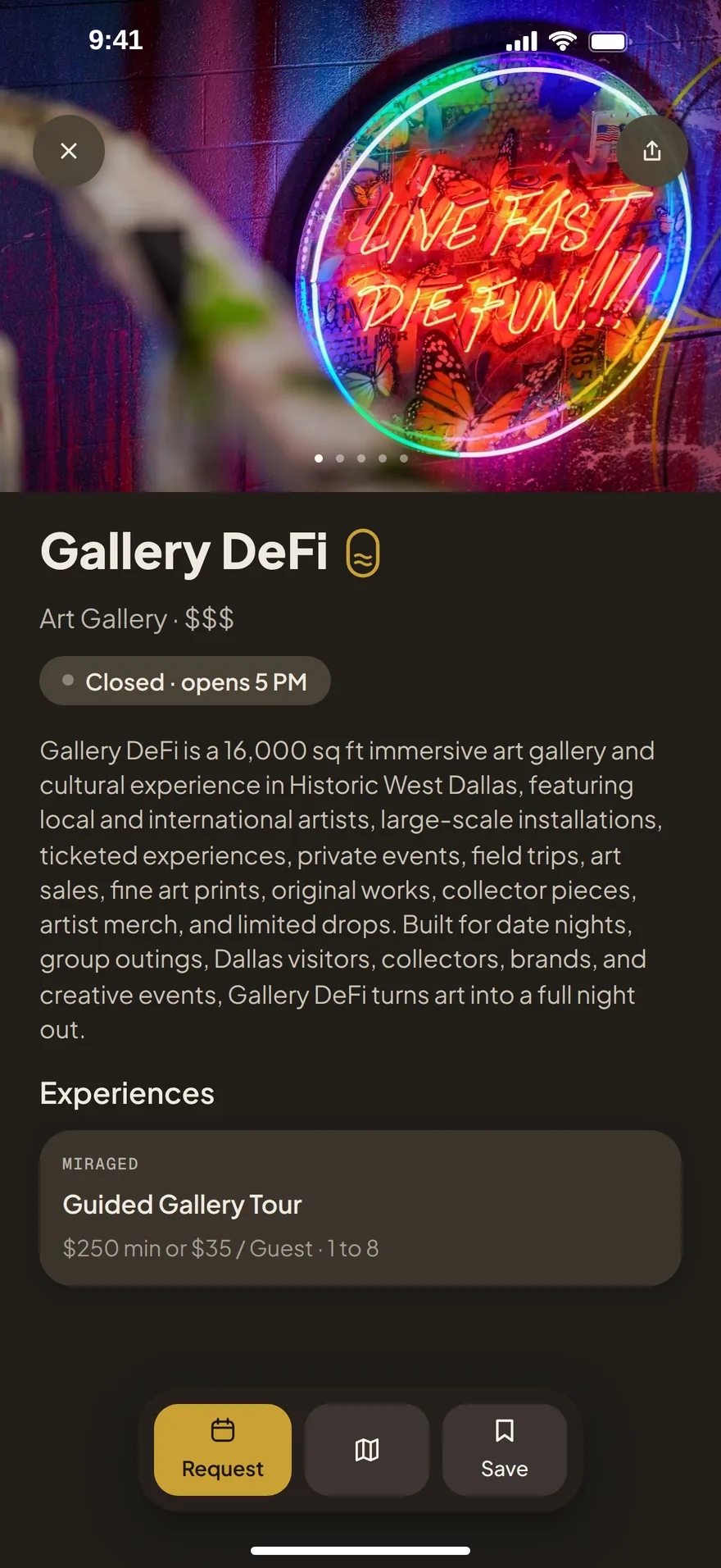Gallery DeFi's venue page with its hours and the Request action