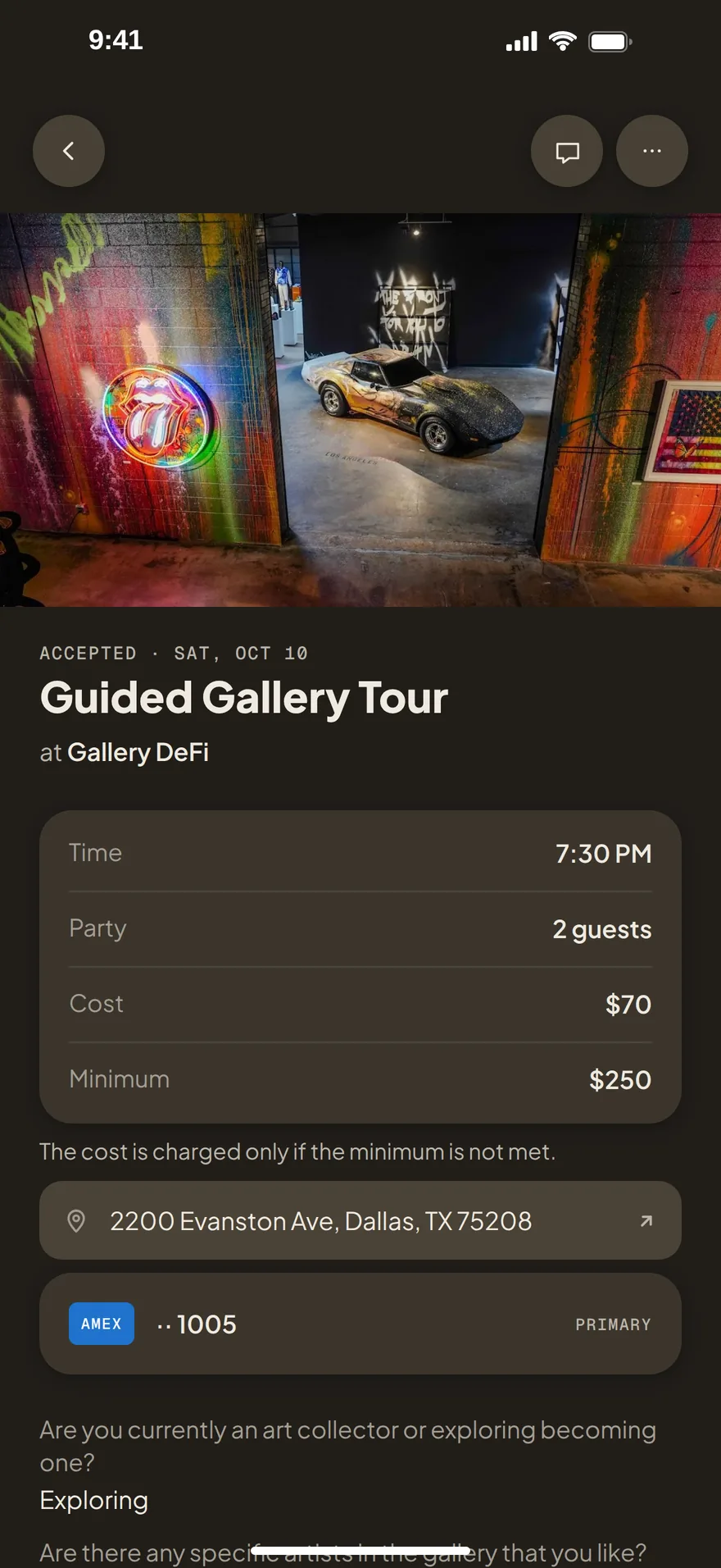 An accepted request for the Guided Gallery Tour