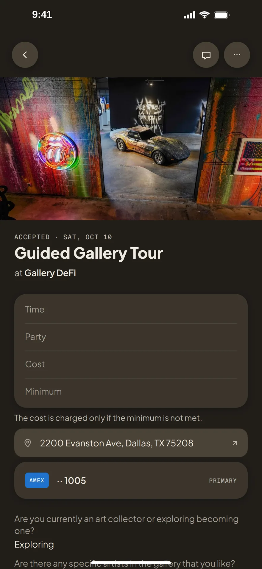 An accepted request for the Guided Gallery Tour
