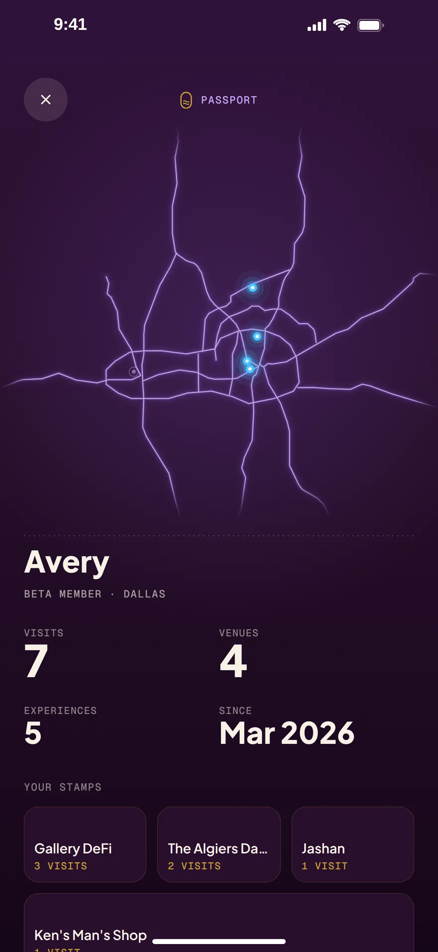 The Passport with its neon map of Dallas and the visits and venues counted