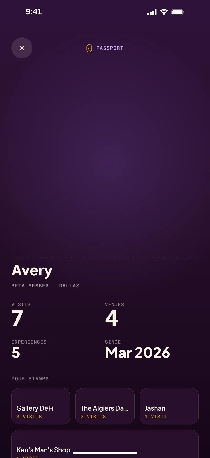 The Passport with its neon map of Dallas and the visits and venues counted